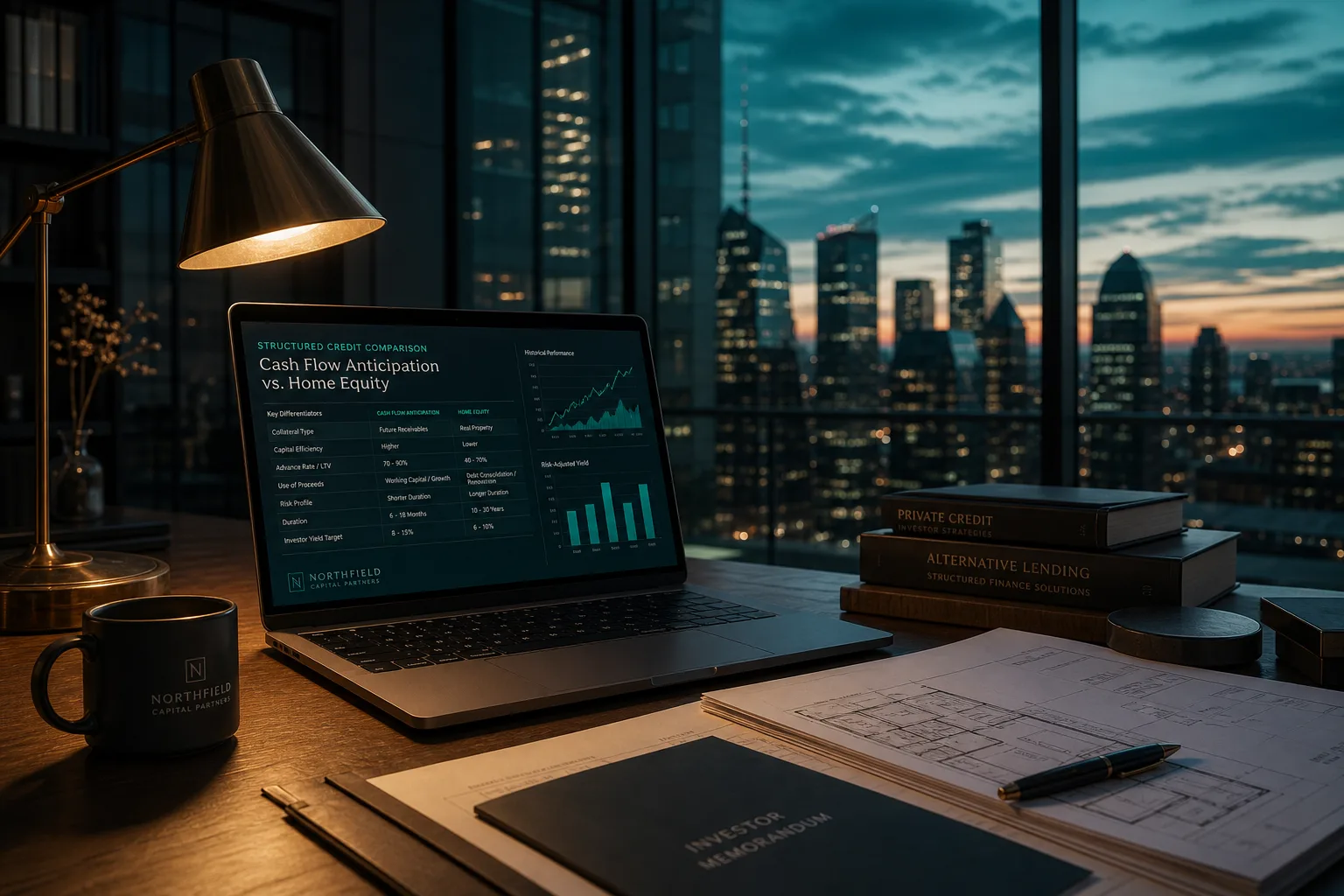 Escritório executivo ao crepúsculo com laptop exibindo dashboard comparativo de antecipação de recebíveis e home equity, skyline urbano teal ao fundo, luz de lâmpada brass — estética editorial premium de crédito estruturado