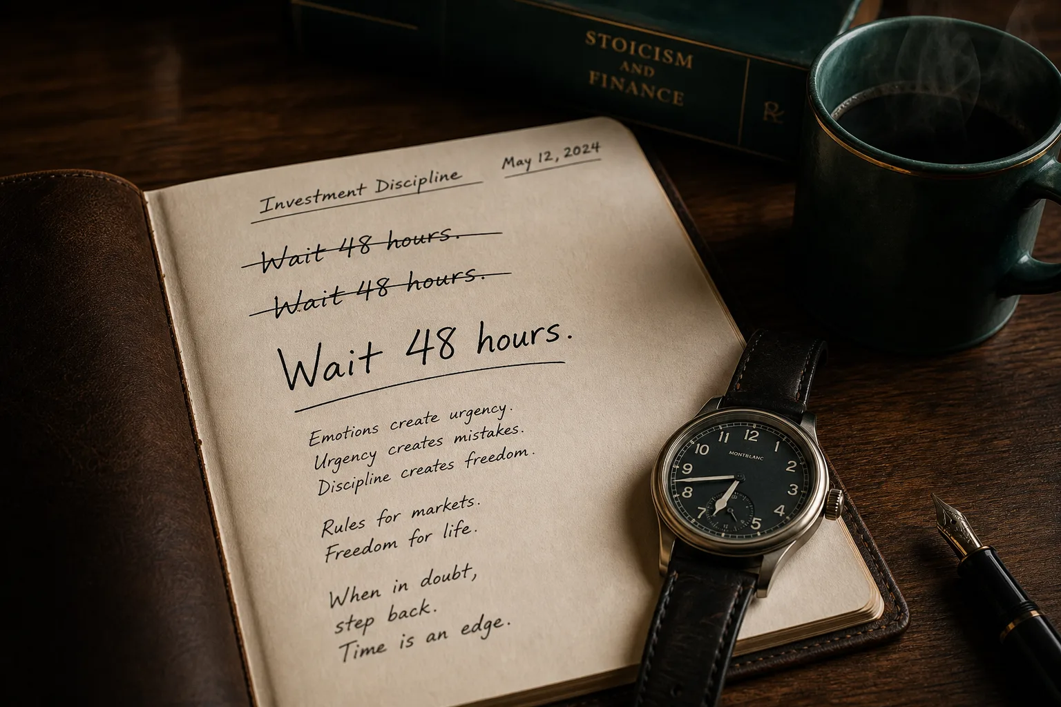 Caderno de couro com anotação manuscrita 'Wait 48 hours' (rasurada e reescrita), frases autorais sobre disciplina e regulação emocional, relógio analógico, livro 'Stoicism and Finance' e caneca de café fumegante sobre madeira escura — a regra das 48 horas como infraestrutura da decisão financeira