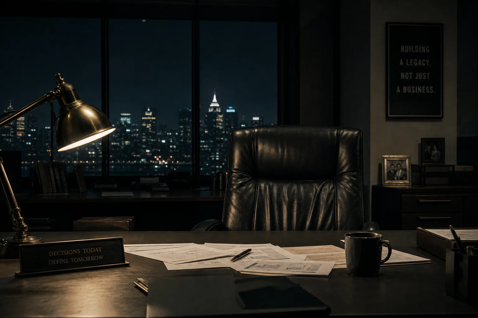 Cadeira executiva de couro vazia atrás de mesa com papéis e xícara de café, à noite, com luz de lâmpada brass e skyline distante — pausa antes de uma decisão difícil de gestão familiar
