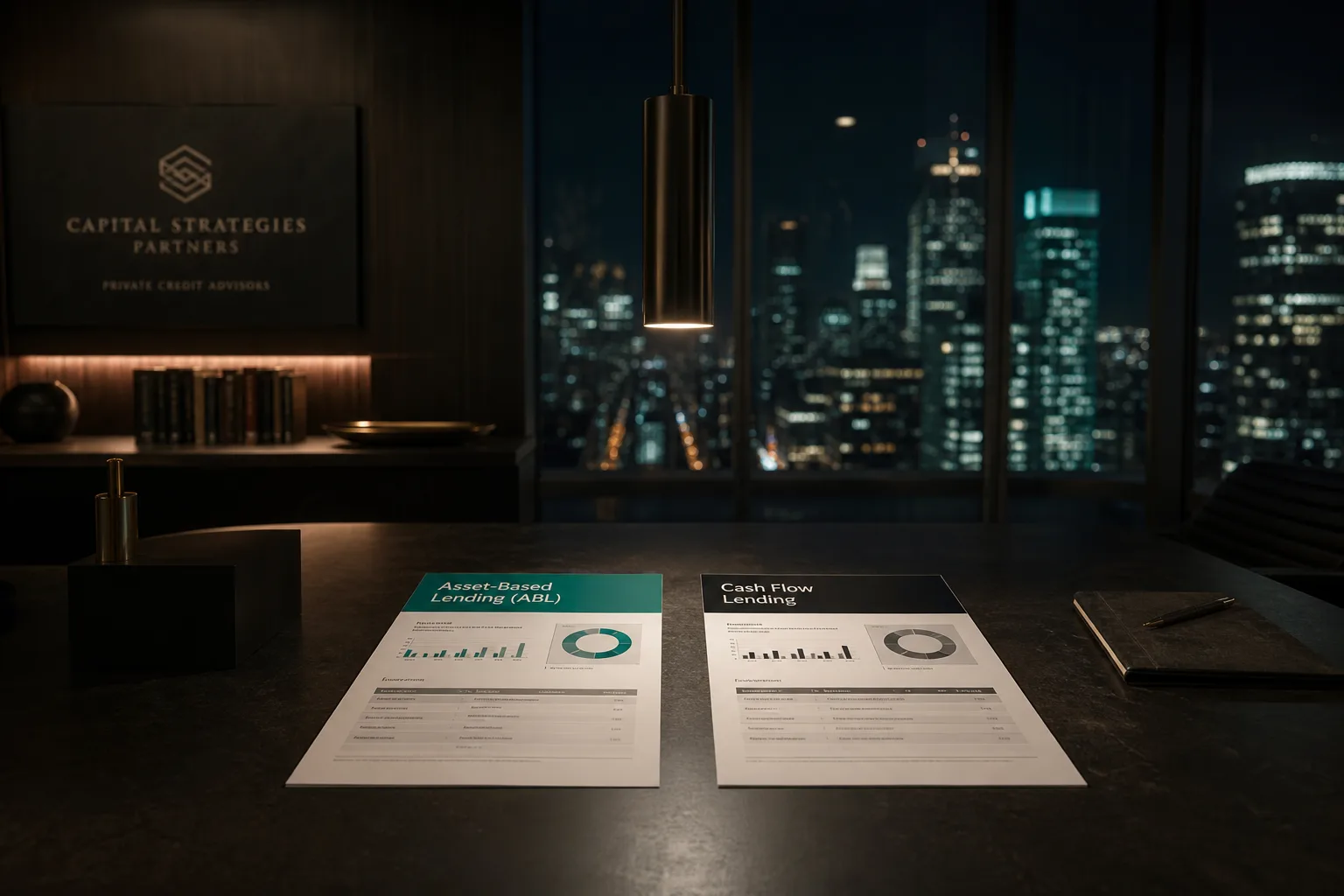 Sala executiva noturna com dois relatórios financeiros lado a lado sobre mesa escura, pendant lamp e skyline urbano através de janela floor-to-ceiling — comparação estruturada de instrumentos de crédito