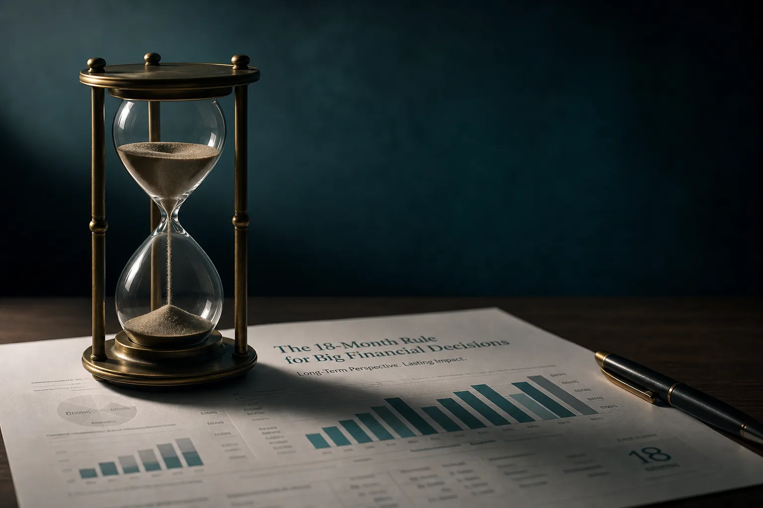 Ampulheta brass com areia em fluxo posicionada sobre relatório financeiro com gráficos, fundo teal-noite — paciência e tempo como dimensões da decisão patrimonial